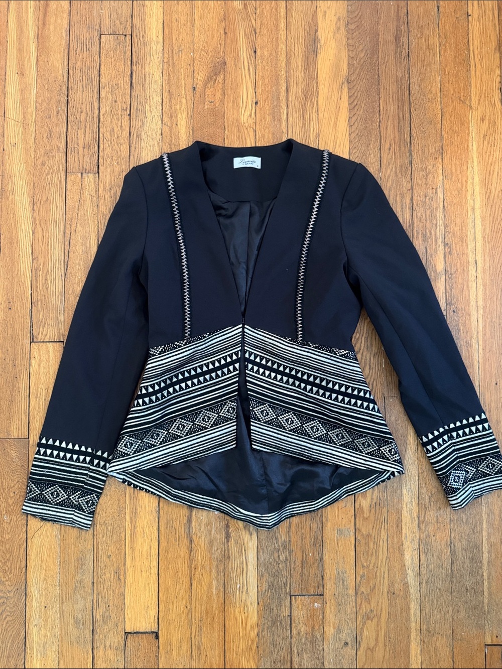 Black Embroidered Peplum Blazer with Geometric Trim